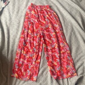 Pink Lily Floral Wide Leg Pants - Red and Pink